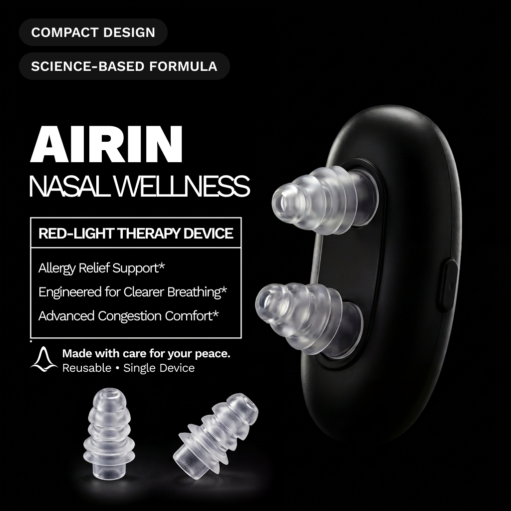 Airin nasal wellness red light device with replacement nasal tips and product feature labels