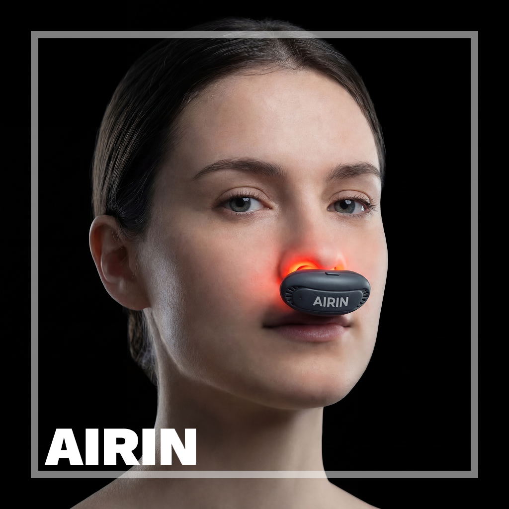 Model wearing the Airin nasal red light wellness device with a soft red glow