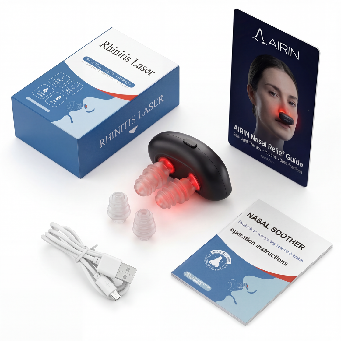 Airin kit with device, storage case, guide, USB-C charging cable, replacement nasal tips, and relief guide.